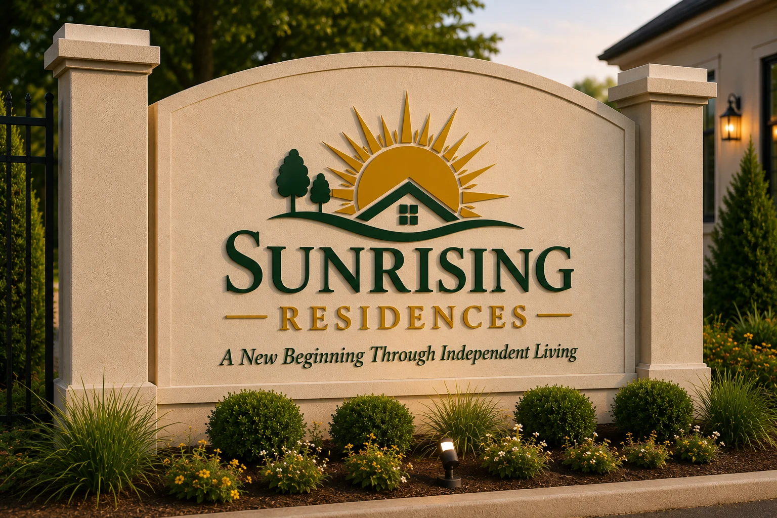 Illustrative Sunrising entrance sign surrounded by greenery