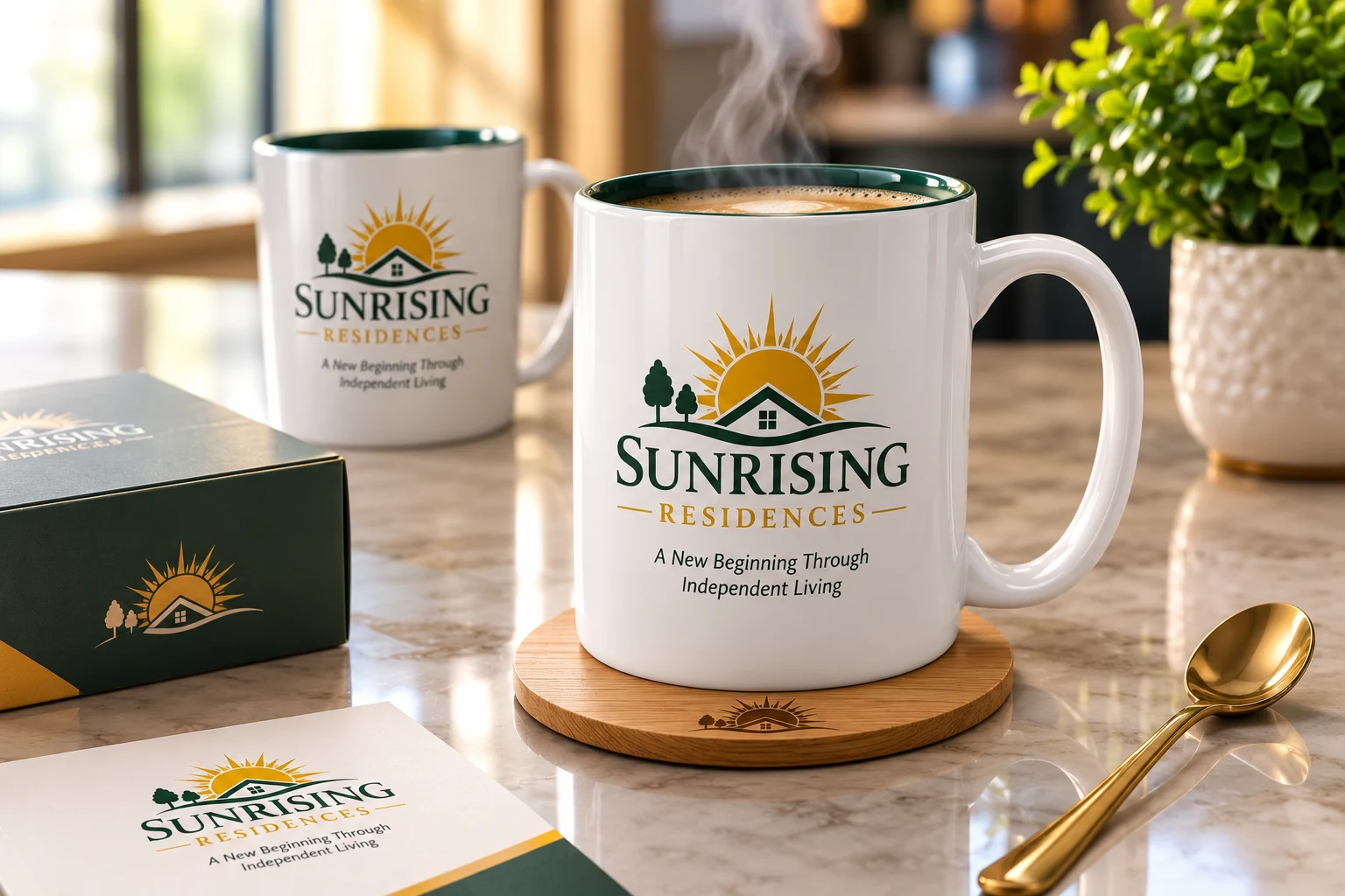 Sunrising branded coffee mugs in a warm interior