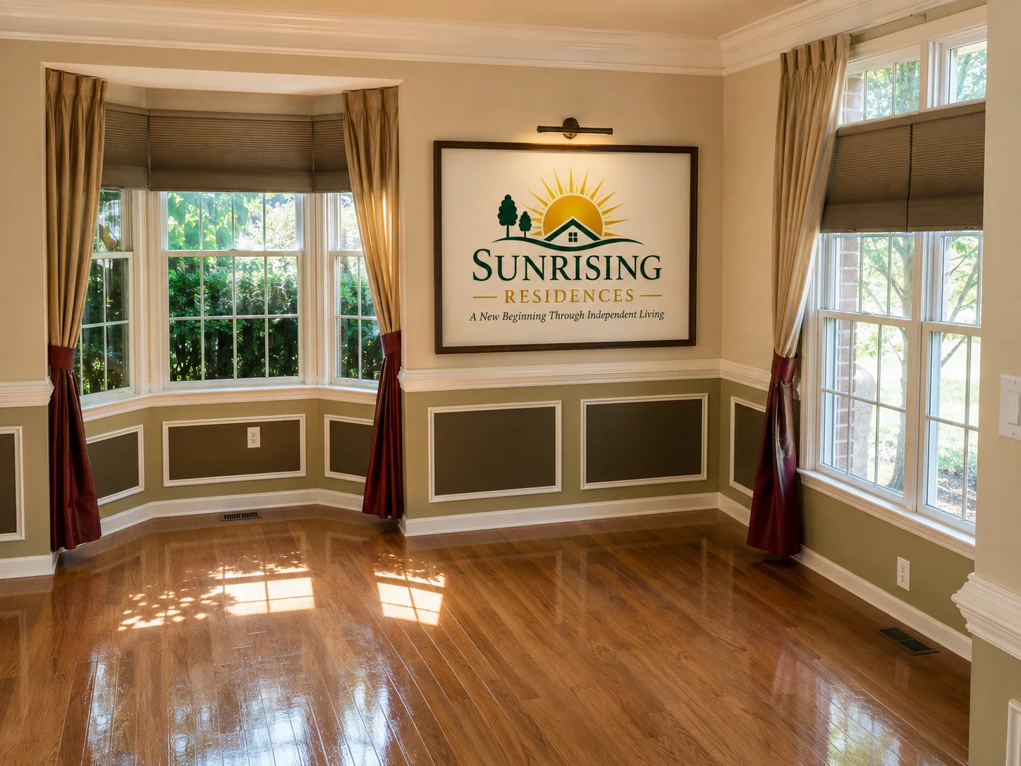 Illustrative Sunrising interior with sunlight and large windows