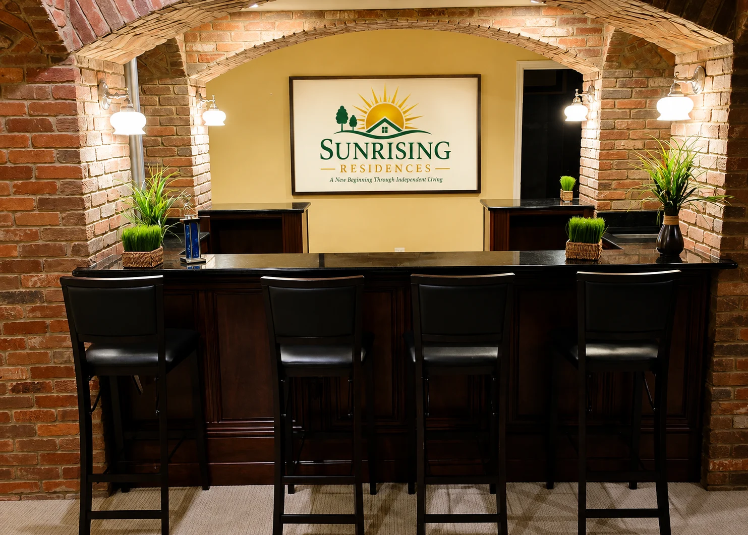 Illustrative Sunrising welcome area with warm lighting