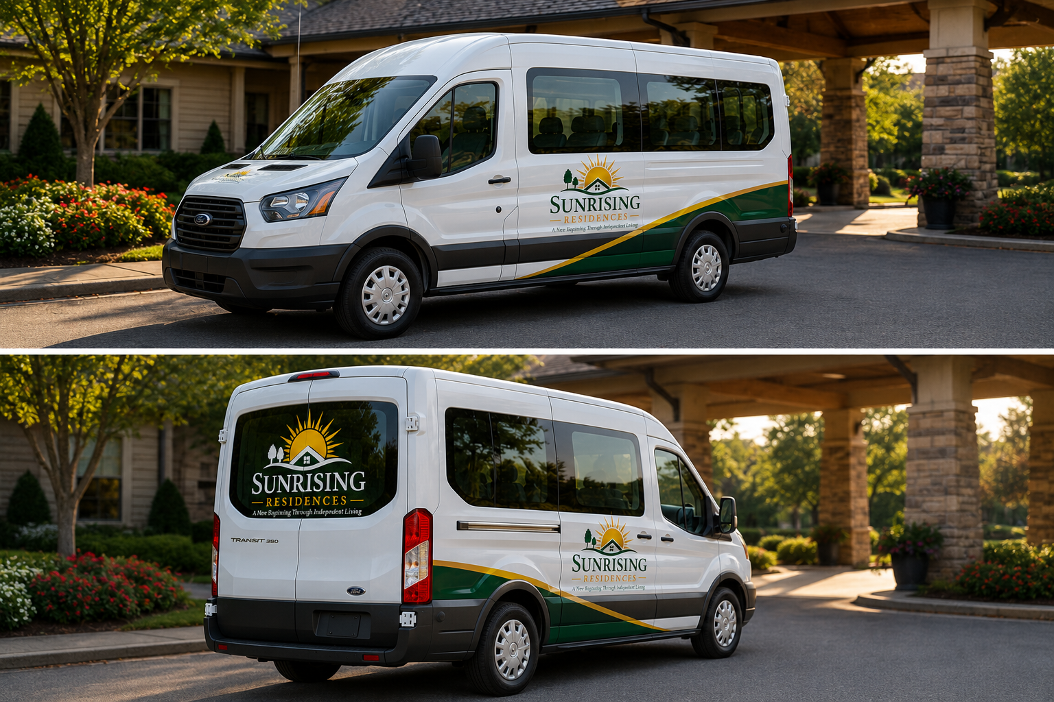 Sunrising Residences branded white shuttle bus with green and gold accents, shown from the front and rear